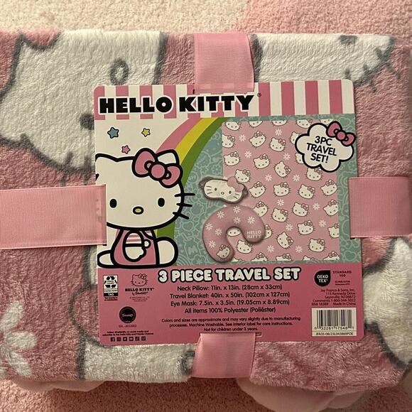 NEW NWT Hello Kitty Sanrio 3 piece Travel Gift Set Pink Blanket Pillow Eye Mask